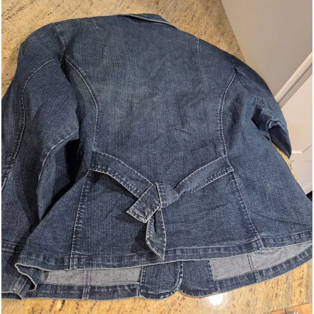 Venezia Plus Sz 26/28 Blue Stretch Jean Jacket Blazer Ruffle Pocket Tie Back